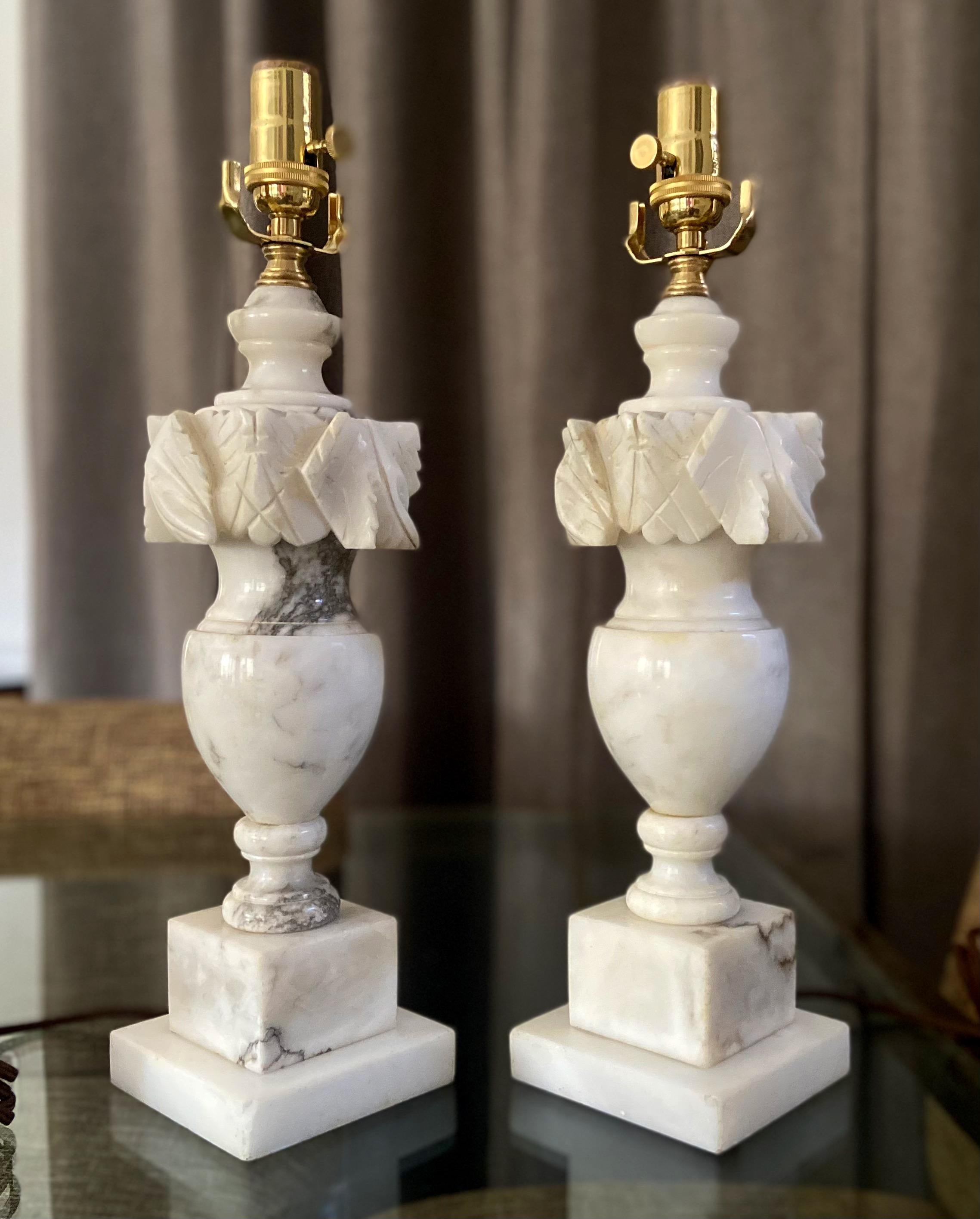 Pair Italian Neoclassic Urn Alabaster Table Lamps 1