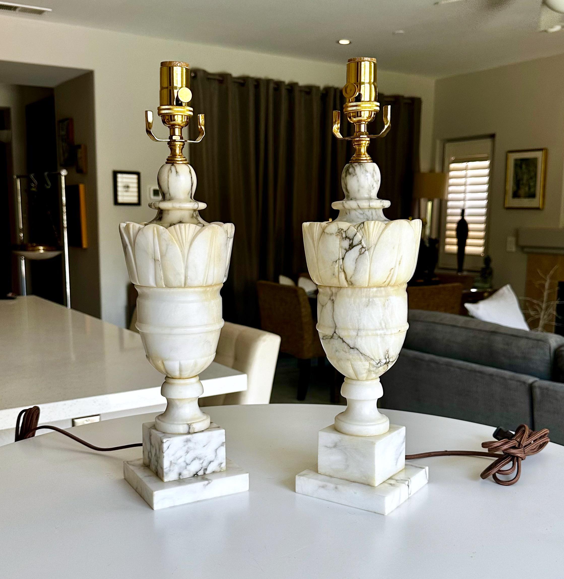 Pair Italian Neoclassic Urn Alabaster Table Lamps 1