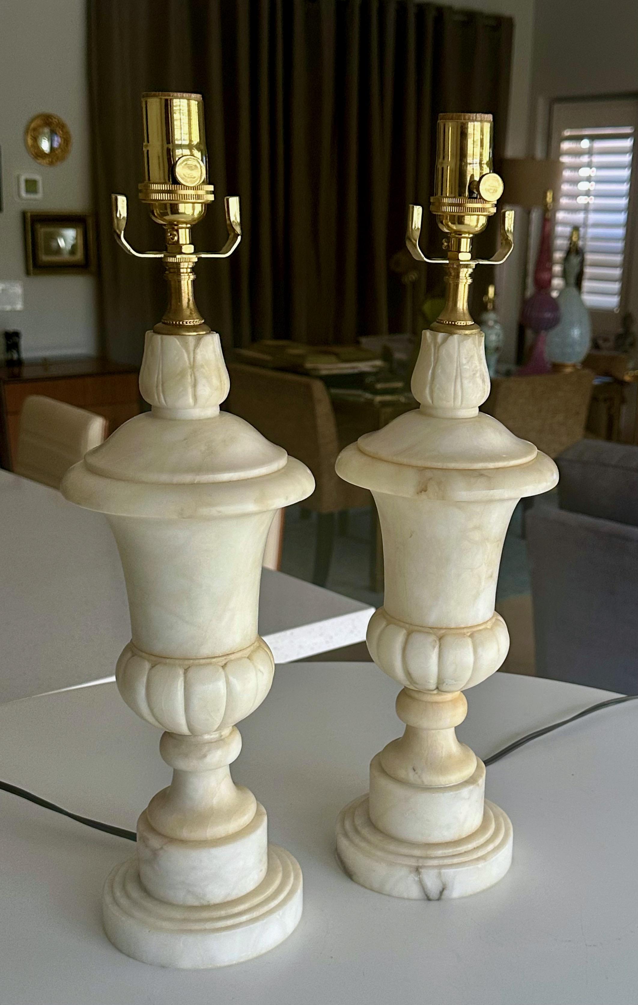 Pair Italian Neoclassic Urn Alabaster Table Lamps 1