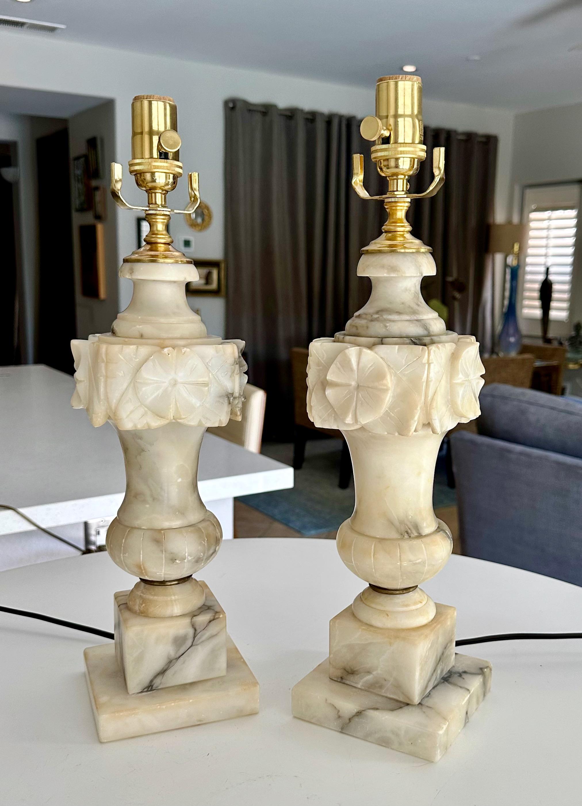 Pair Italian Neoclassic Urn Alabaster Table Lamps 1