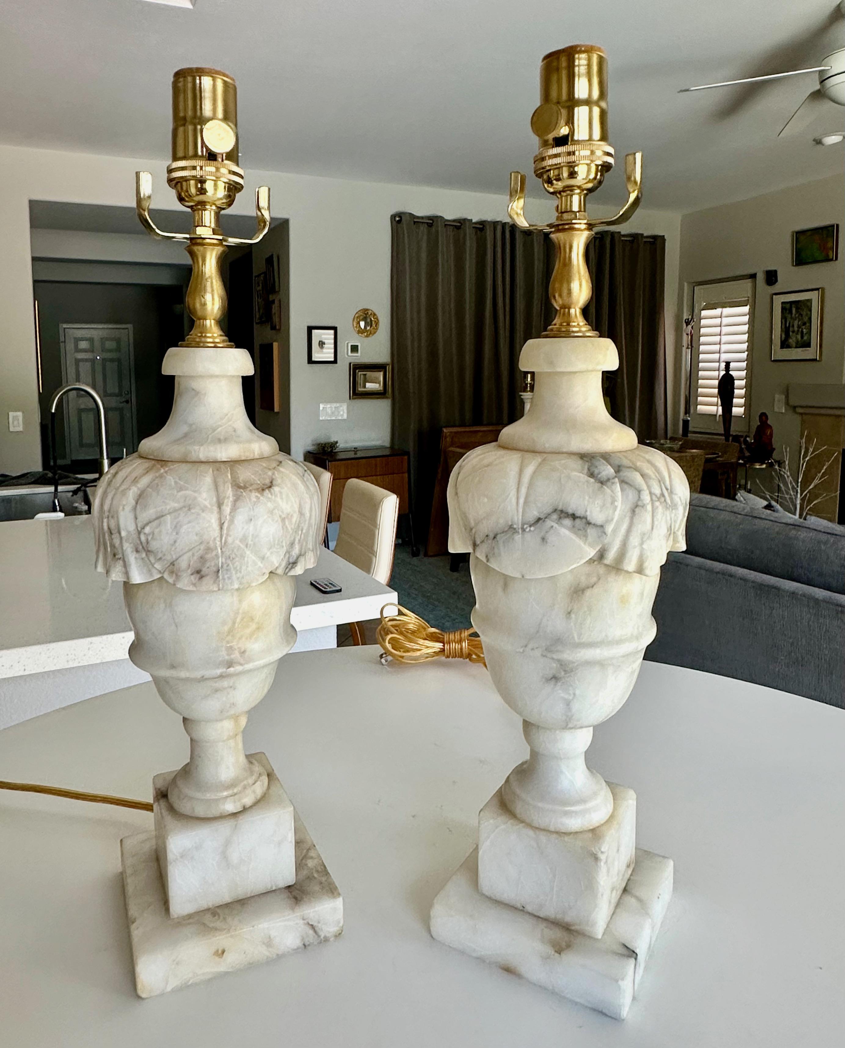 Pair Italian Neoclassic Urn Alabaster Table Lamps For Sale 1