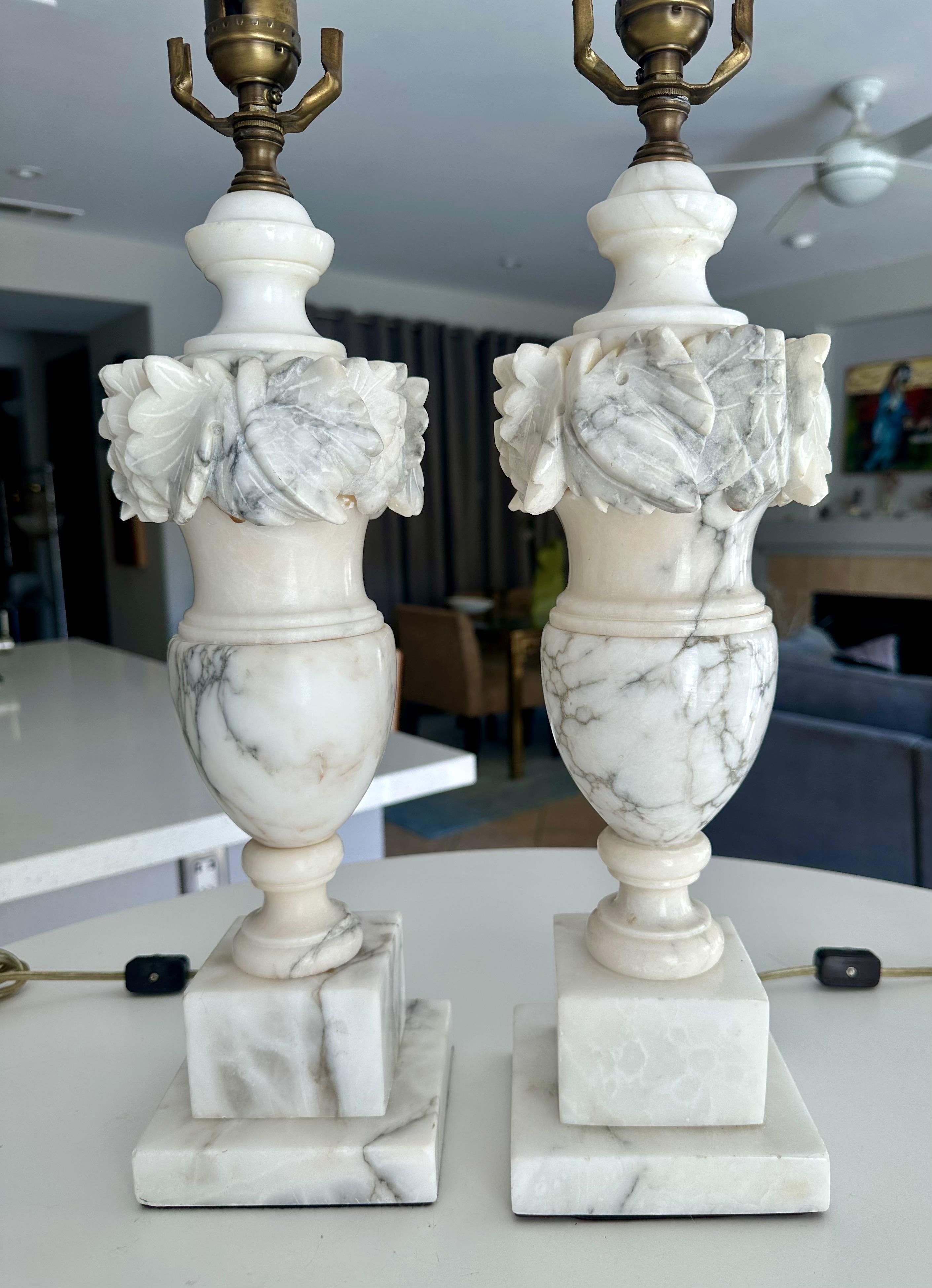 Pair Italian Neoclassic Urn Alabaster Table Lamps For Sale 1