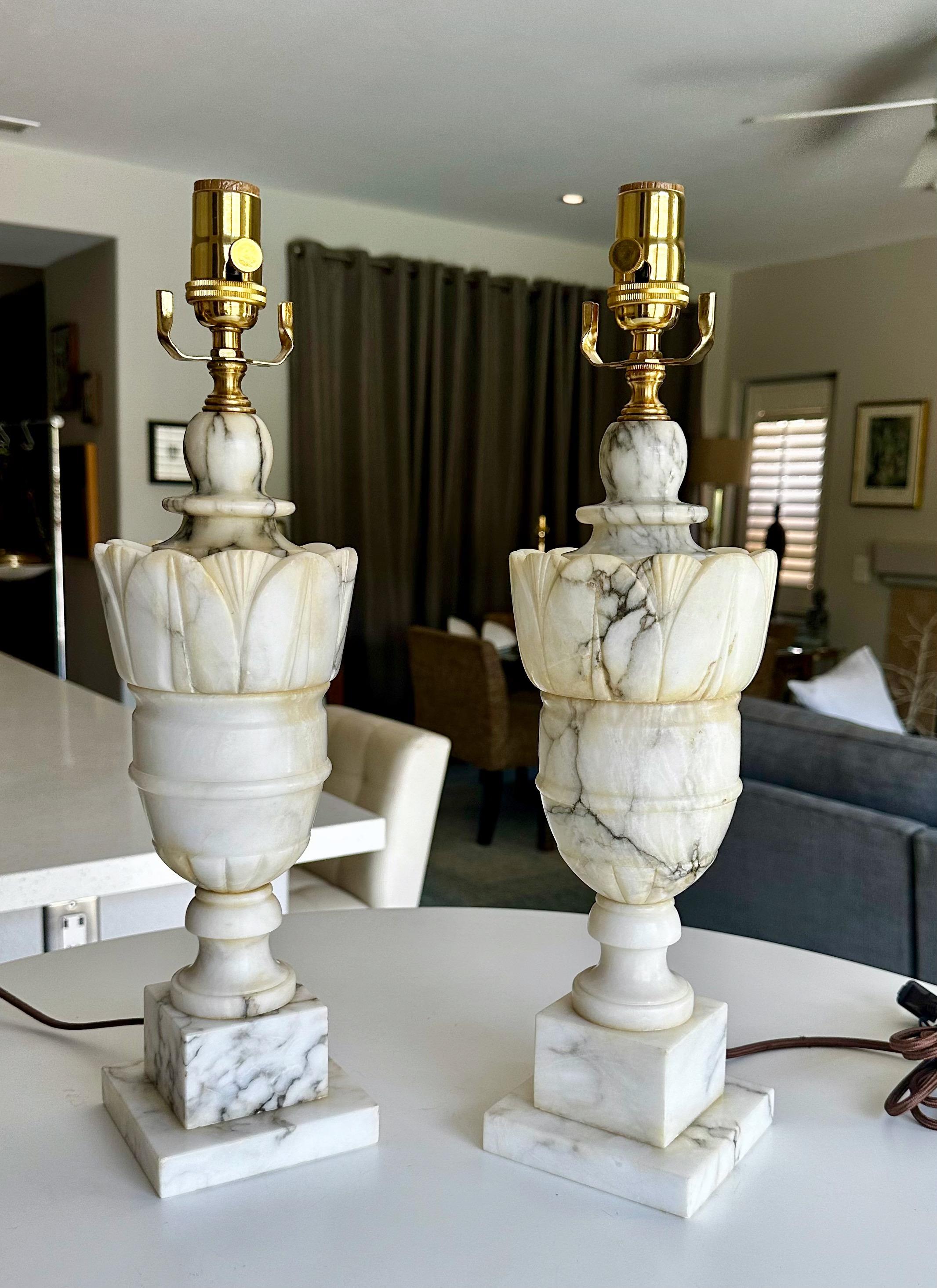 Pair Italian Neoclassic Urn Alabaster Table Lamps 2