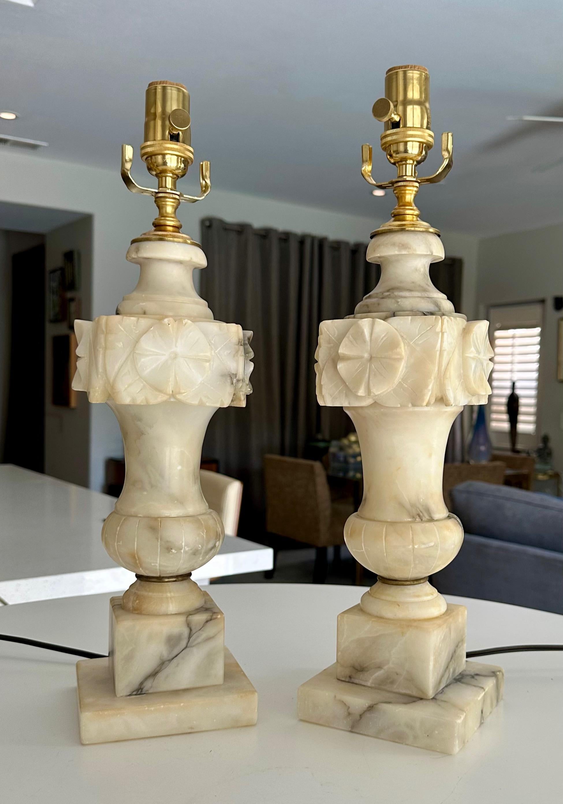 Pair Italian Neoclassic Urn Alabaster Table Lamps 2