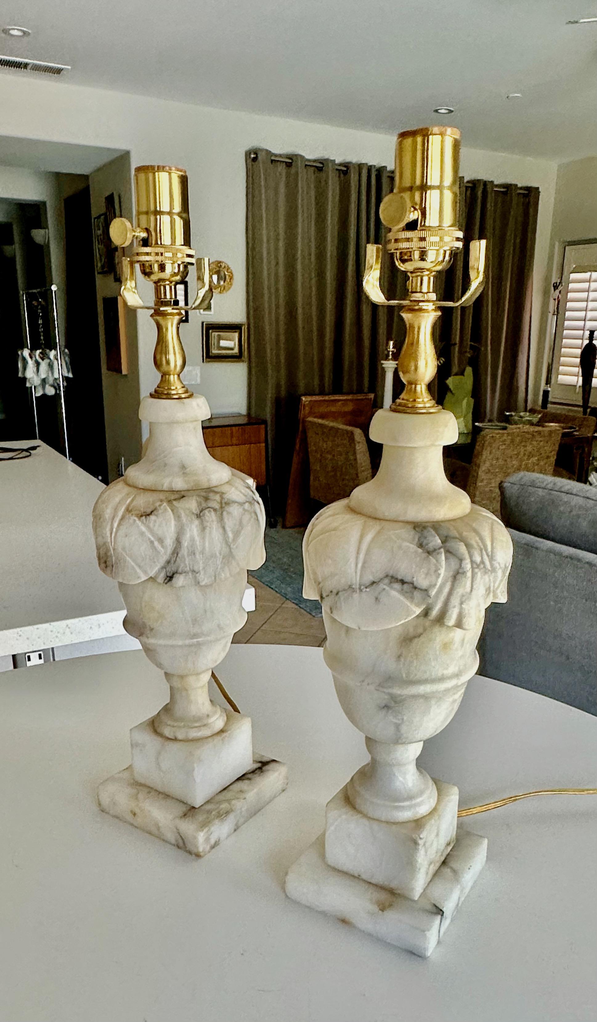 Pair Italian Neoclassic Urn Alabaster Table Lamps For Sale 2