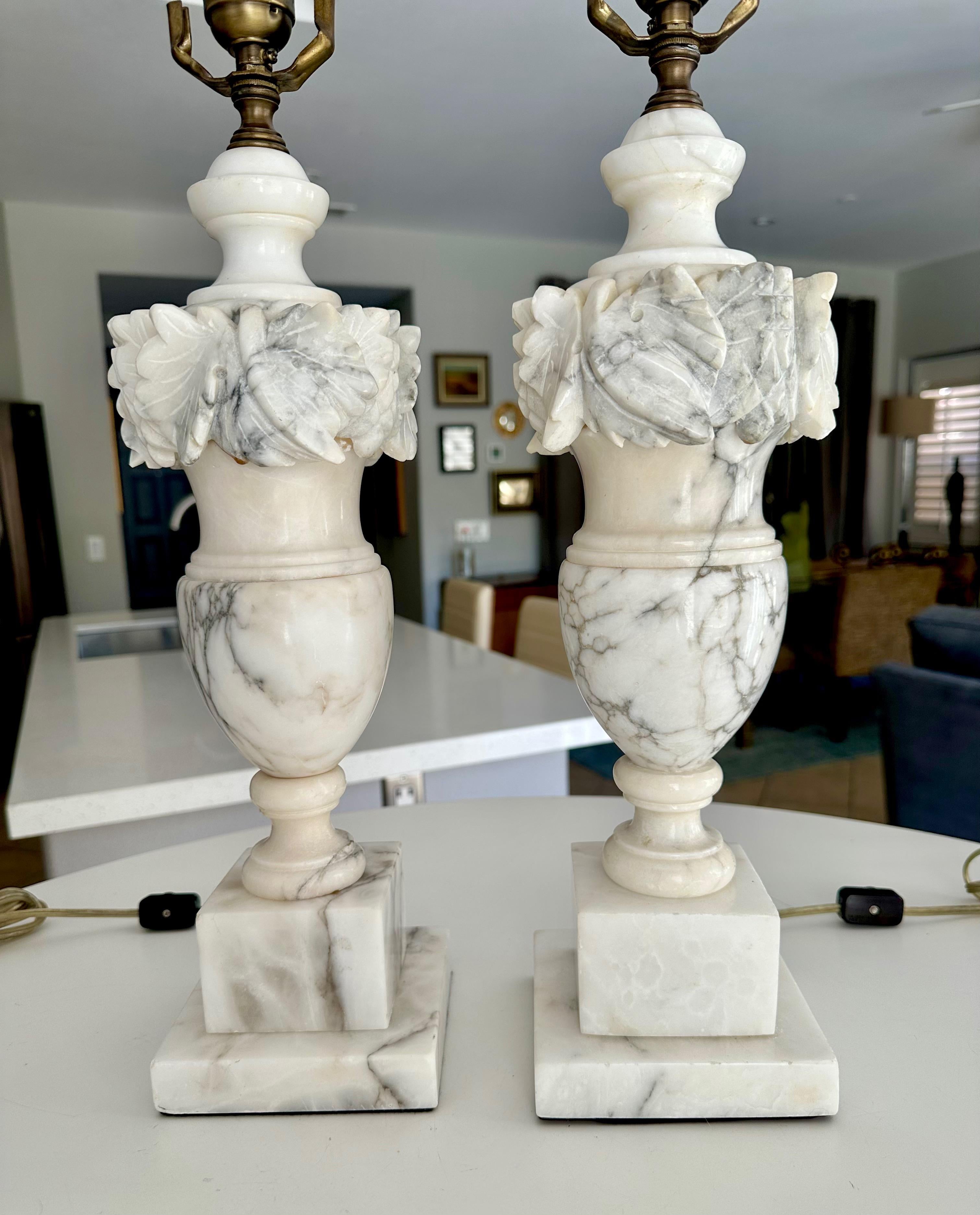 Pair Italian Neoclassic Urn Alabaster Table Lamps For Sale 2