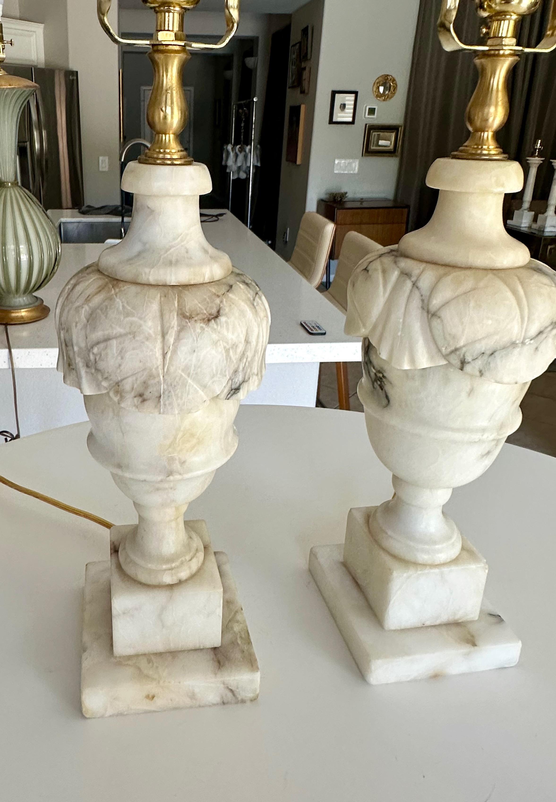 Pair Italian Neoclassic Urn Alabaster Table Lamps For Sale 3