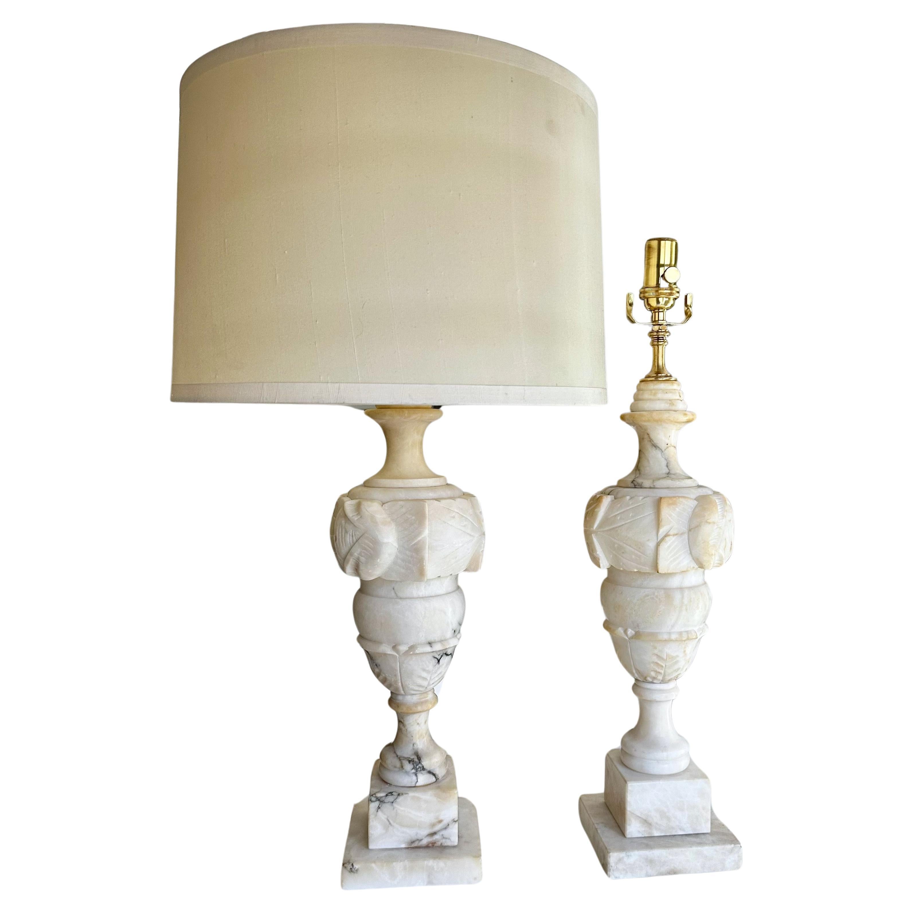Pair Italian Neoclassic Urn Alabaster Table Lamps