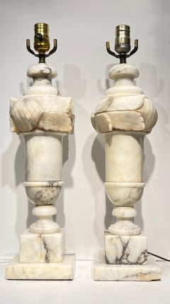 Pair Italian Neoclassical Carved Alabaster Table Lamps