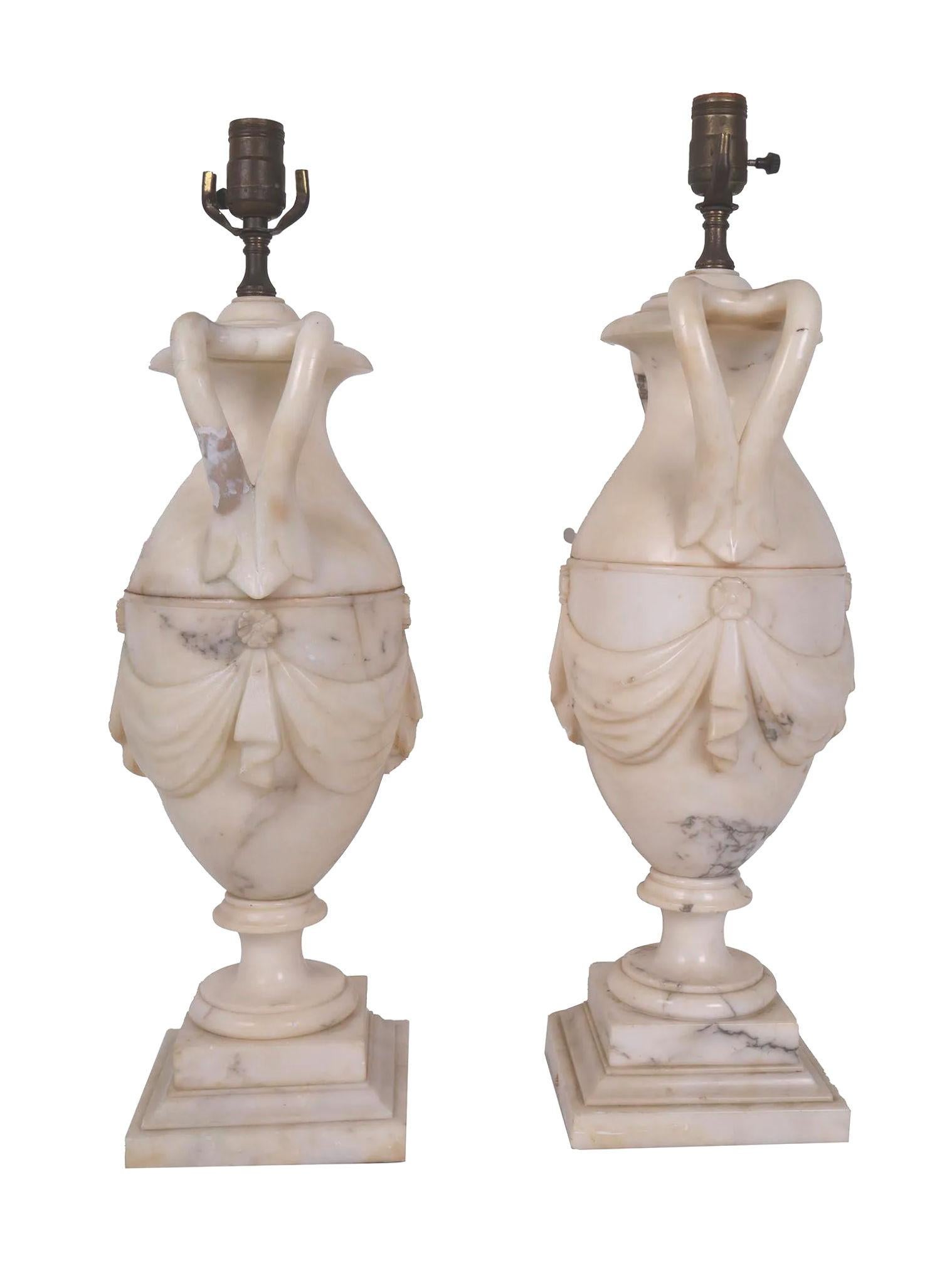 Pair Italian Neoclassical Carved Alabaster Table Lamps In Good Condition For Sale In New York, NY