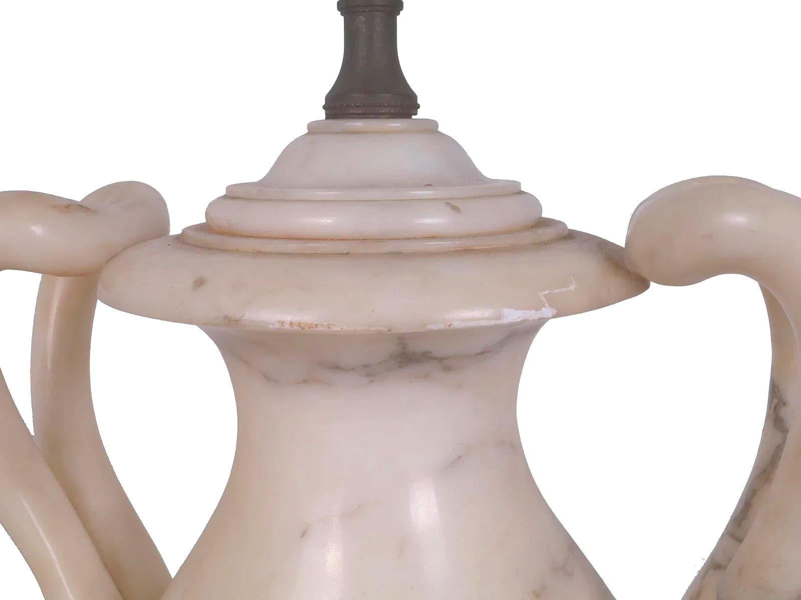 20th Century Pair Italian Neoclassical Carved Alabaster Table Lamps For Sale
