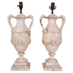 Pair Italian Neoclassical Carved Alabaster Table Lamps