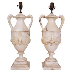 Antique Pair Italian Neoclassical Carved Alabaster Table Lamps