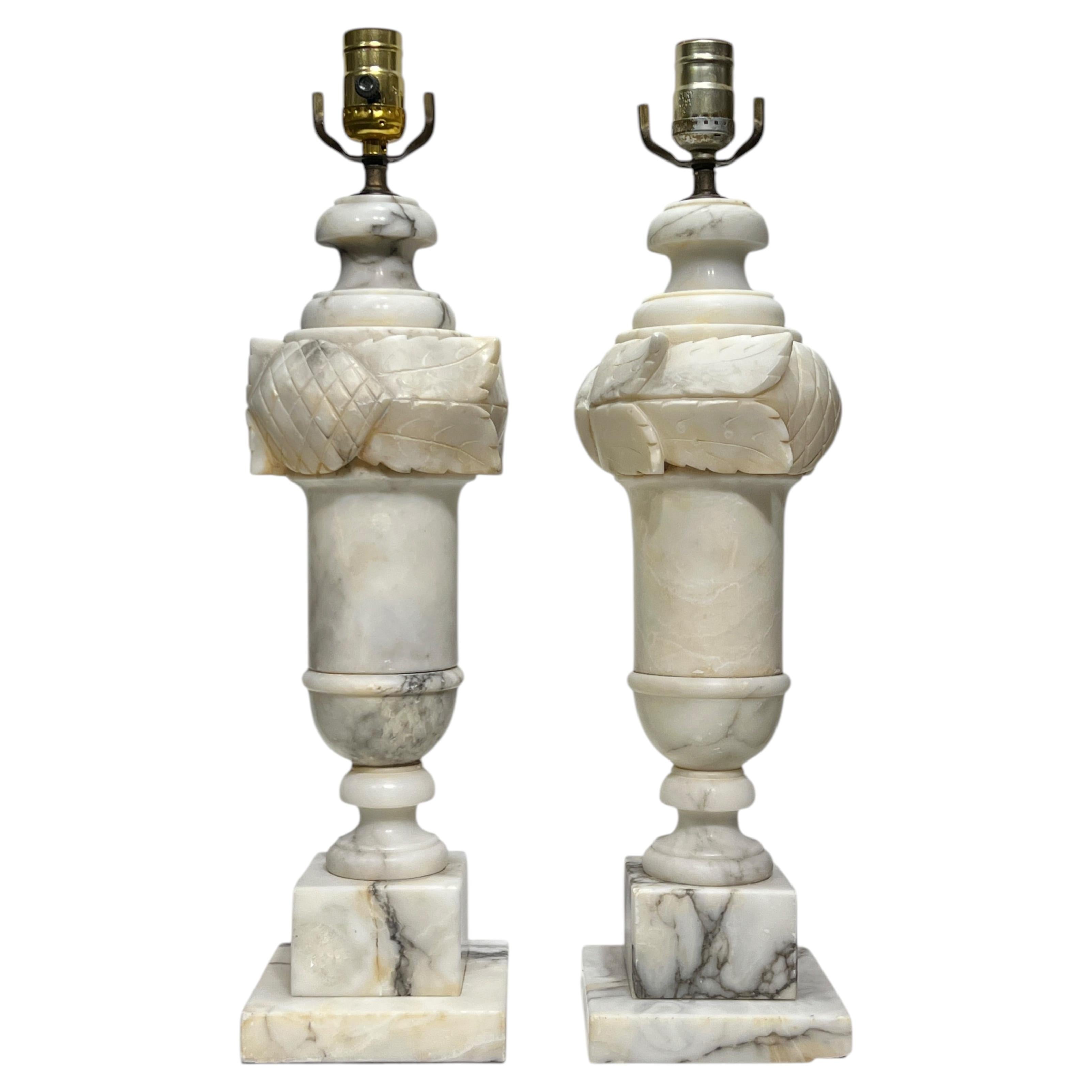Pair Italian Neoclassical Carved Alabaster Table Lamps