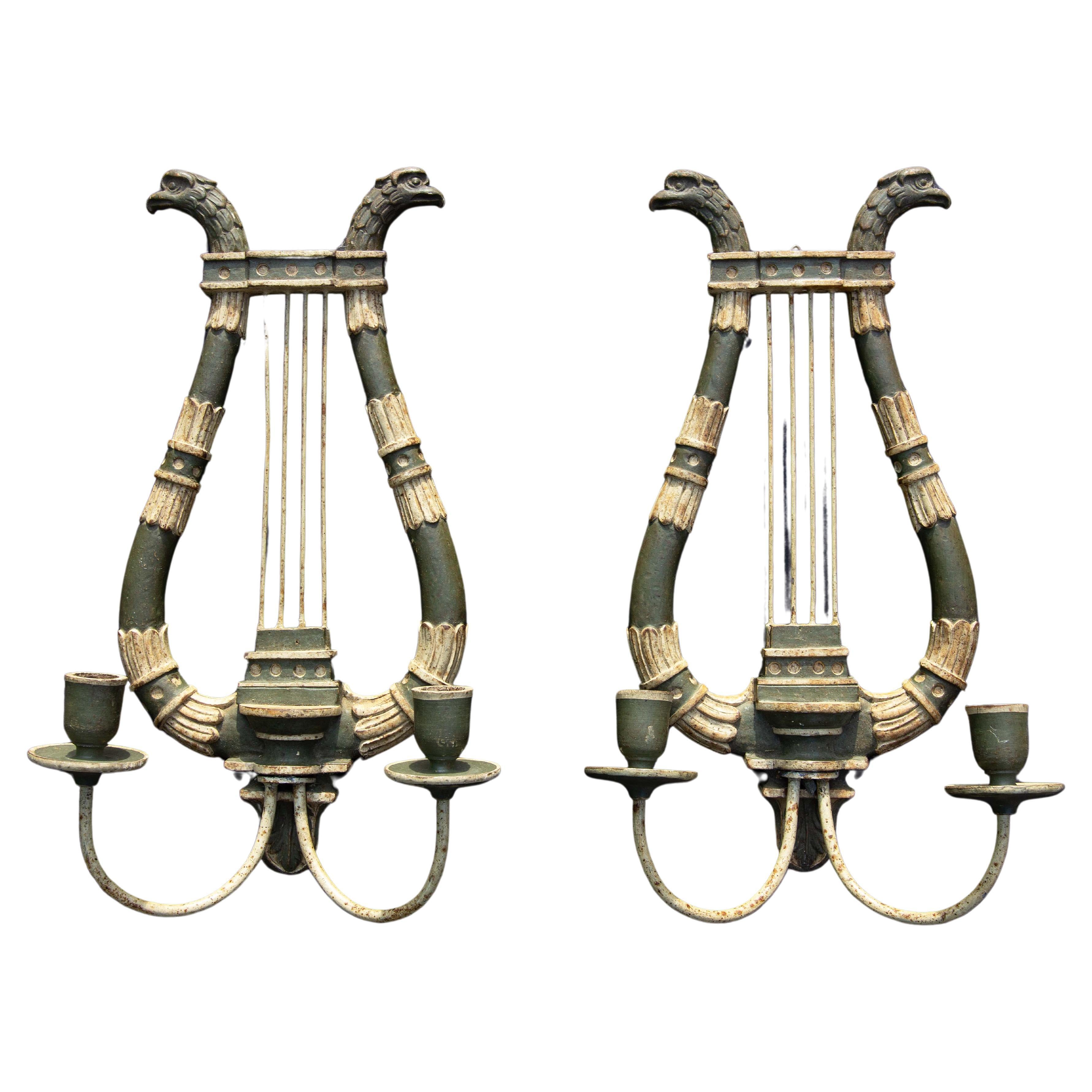 Pair Italian Neoclassical Carved and Painted Sconces Circa 1920's For Sale