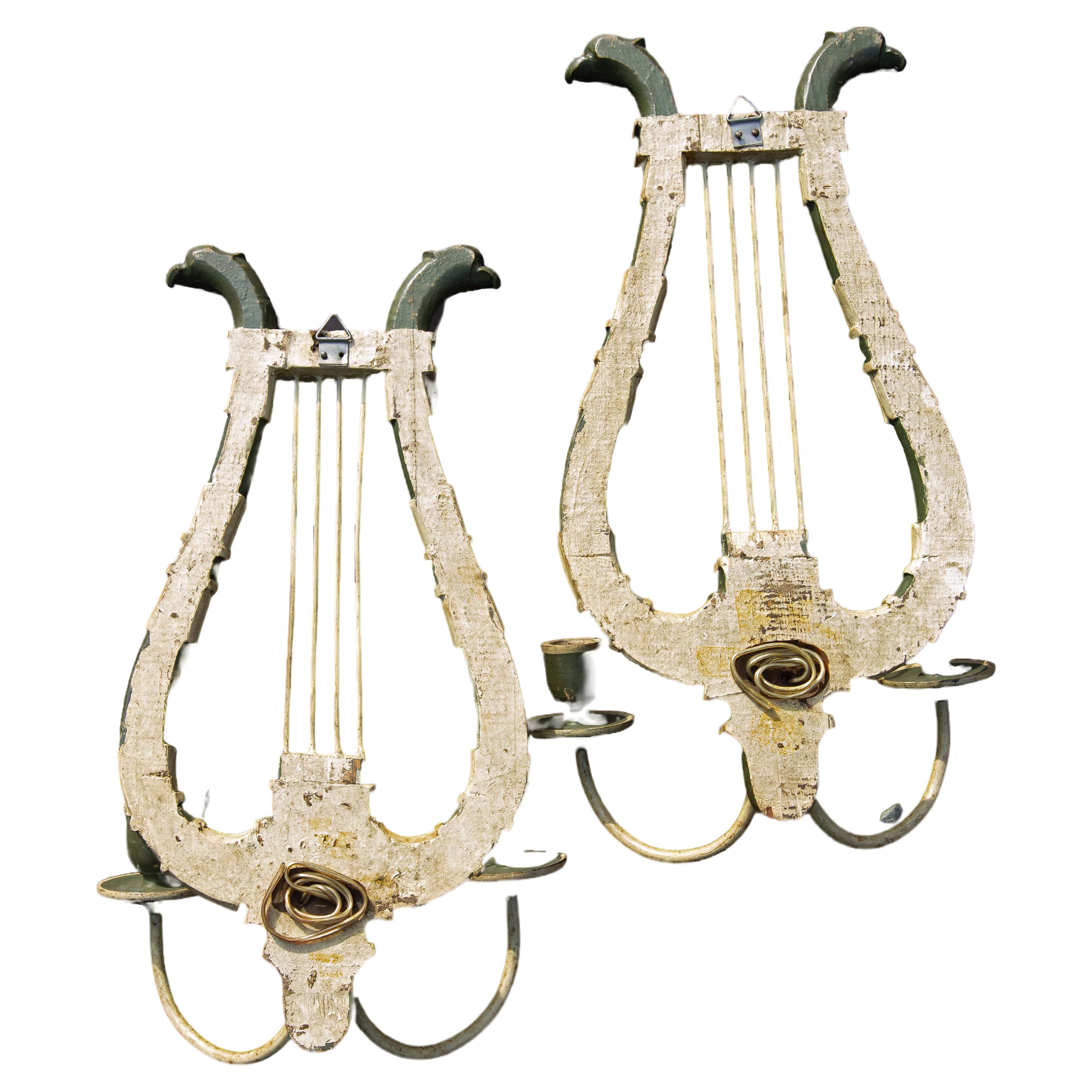 Hand-Painted Pair Italian Neoclassical Carved and Painted Sconces Circa 1920's