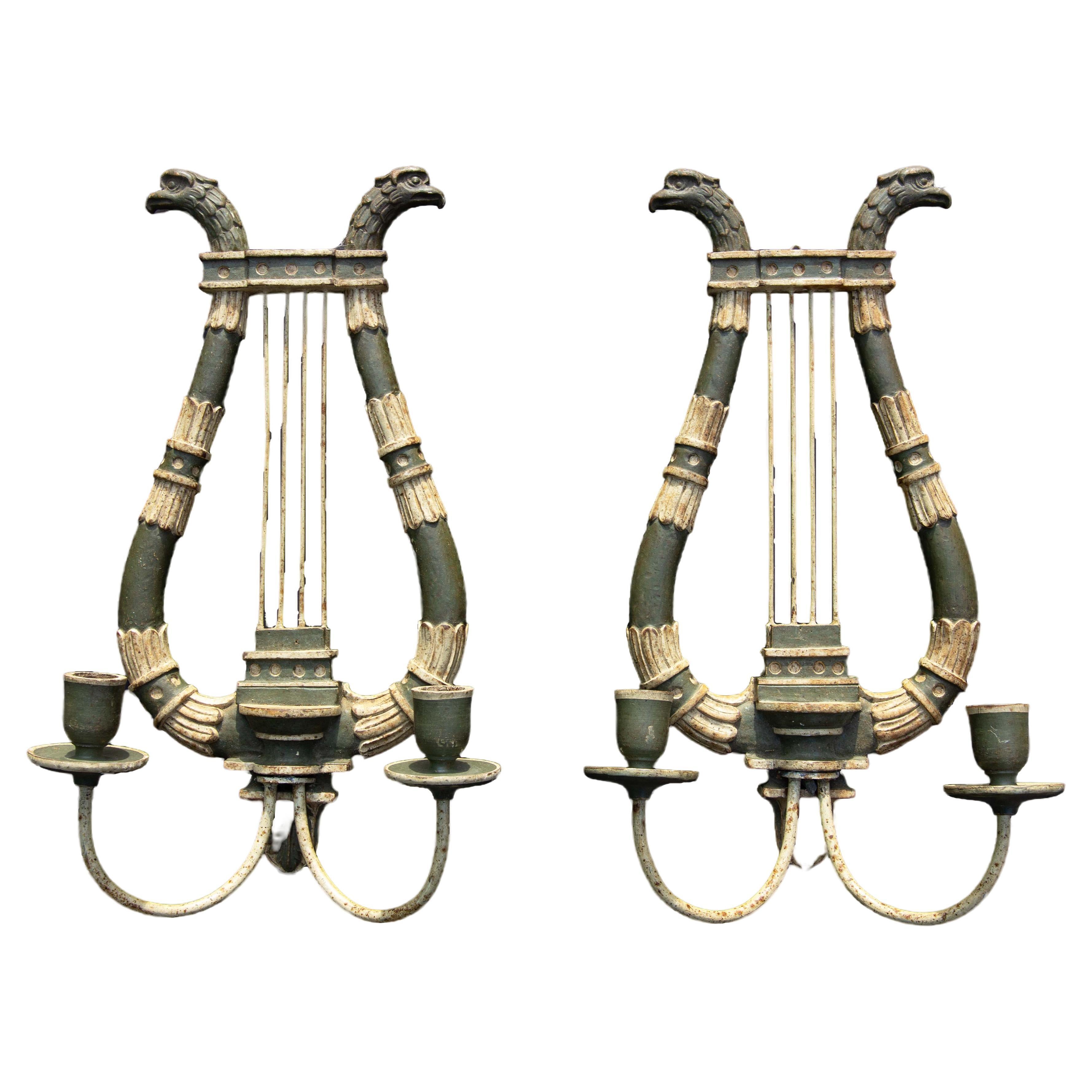 Pair Italian Neoclassical Carved and Painted Sconces Circa 1920's