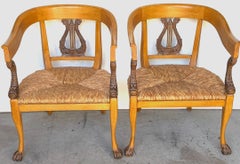 Pair Italian Neoclassical Carved Dolphin Arm Chairs With Rush Seats, Late 20th C
