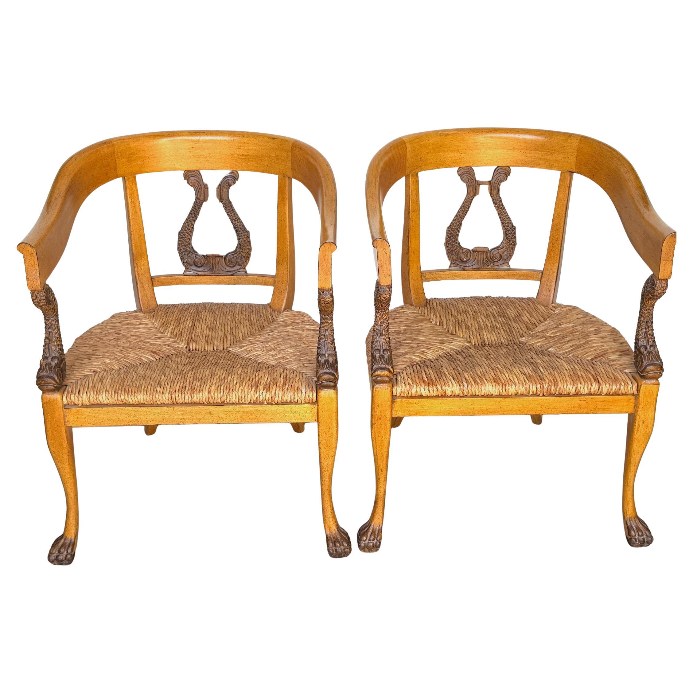 Pair Italian Neoclassical Carved Dolphin Arm Chairs With Rush Seats, Late 20th C For Sale
