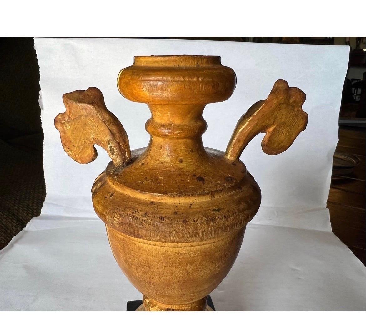Pair Italian Neoclassical Carved Gilt Wood Ornamental Urns on Faux Marble Bases For Sale 6