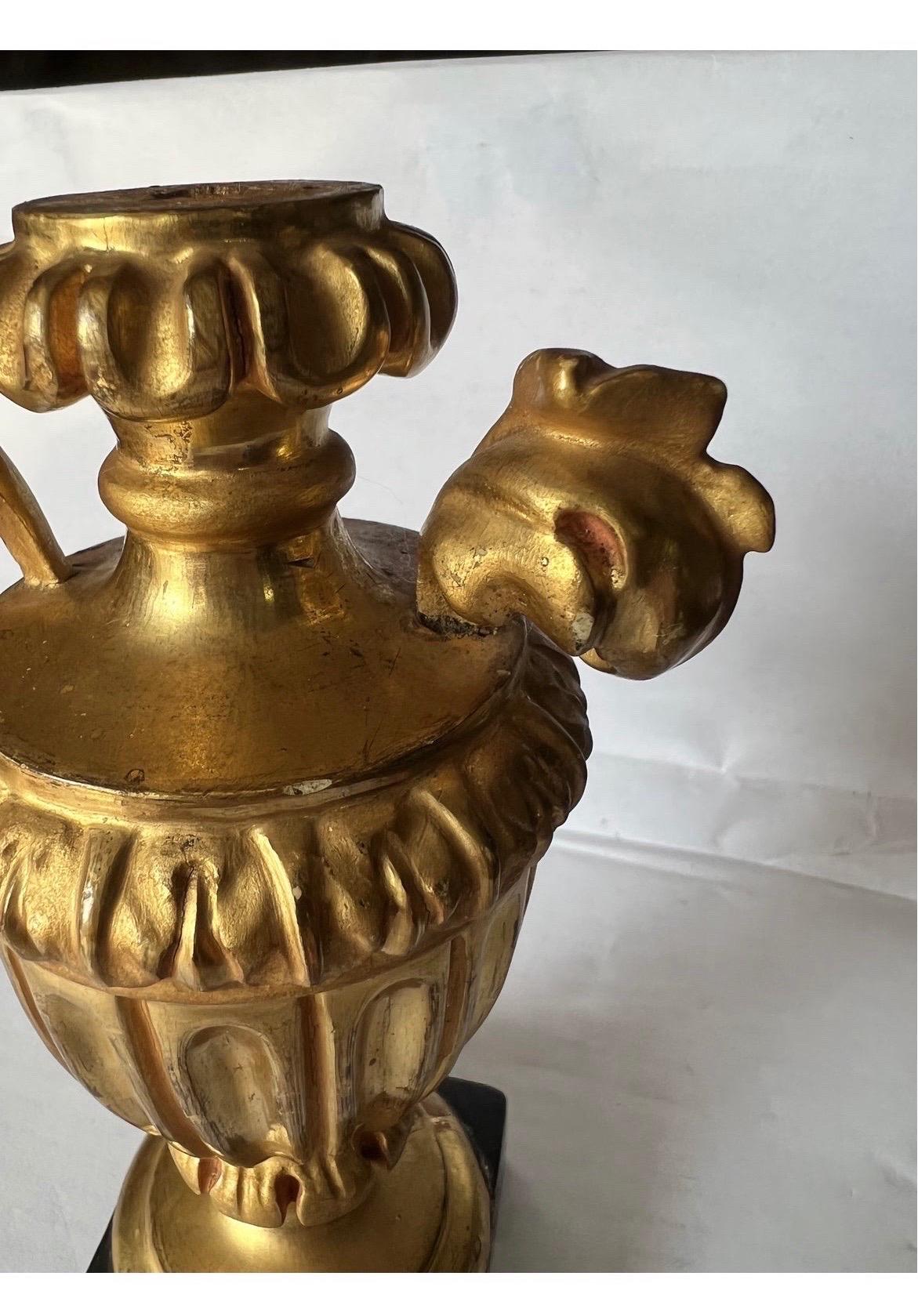 Pair Italian Neoclassical Carved Gilt Wood Ornamental Urns on Faux Marble Bases For Sale 2