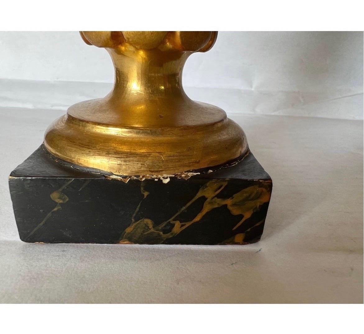 Pair Italian Neoclassical Carved Gilt Wood Ornamental Urns on Faux Marble Bases For Sale 3
