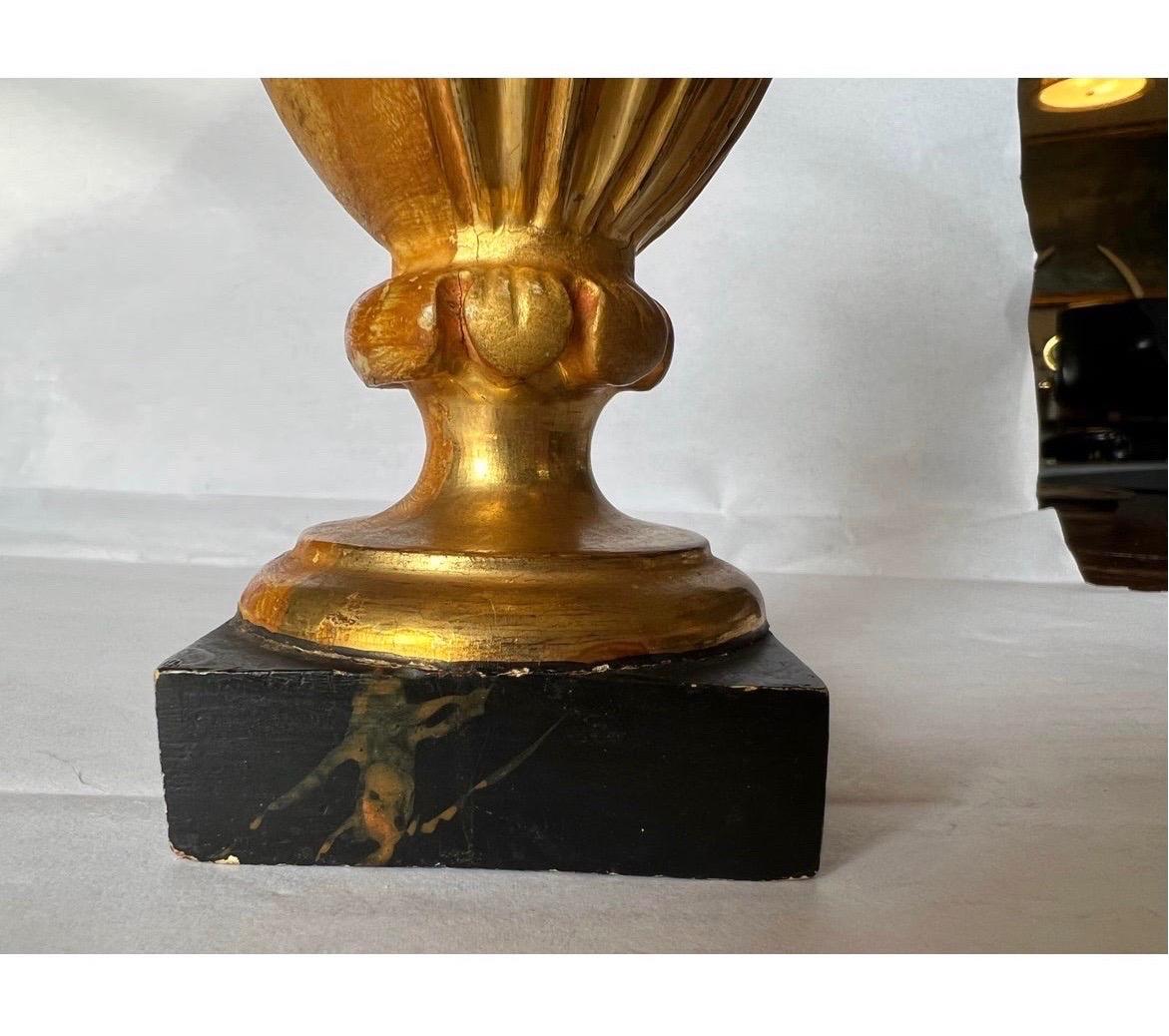Pair Italian Neoclassical Carved Gilt Wood Ornamental Urns on Faux Marble Bases For Sale 4