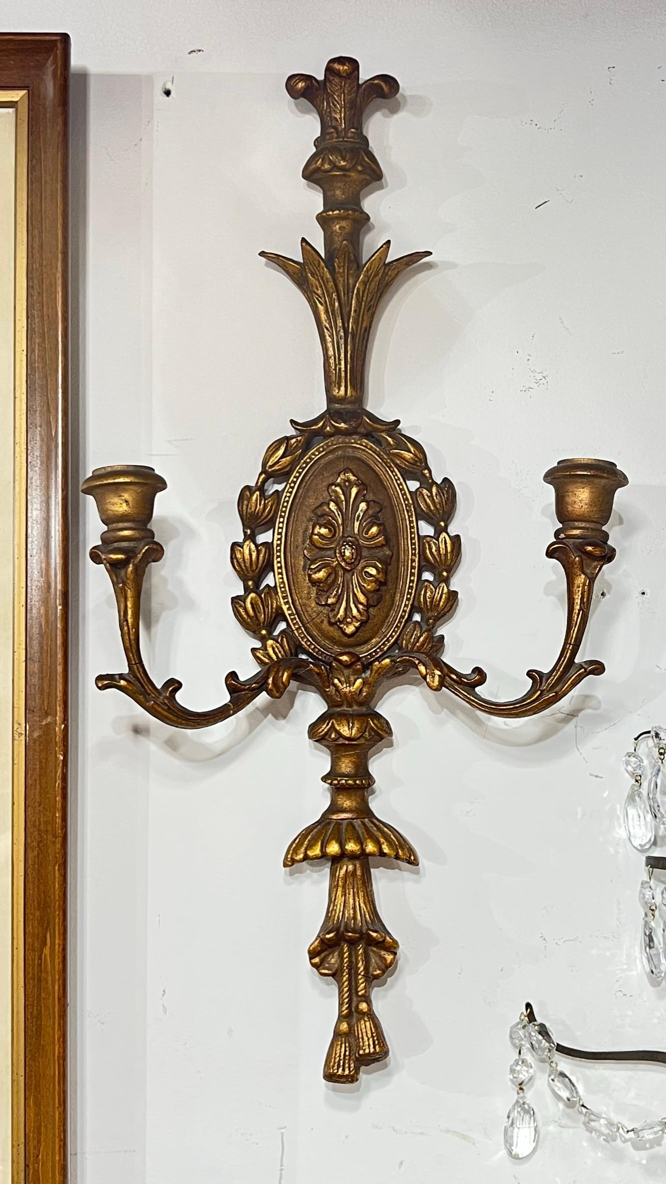 Pair Italian Neoclassical Carved Giltwood Two-Light Sconces For Sale 7
