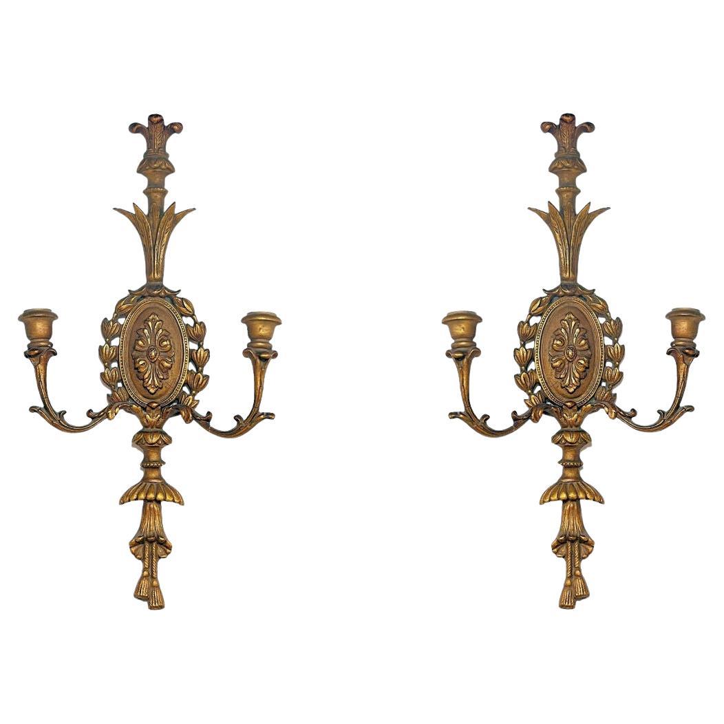 Pair Italian Neoclassical Carved Giltwood Two-Light Sconces For Sale