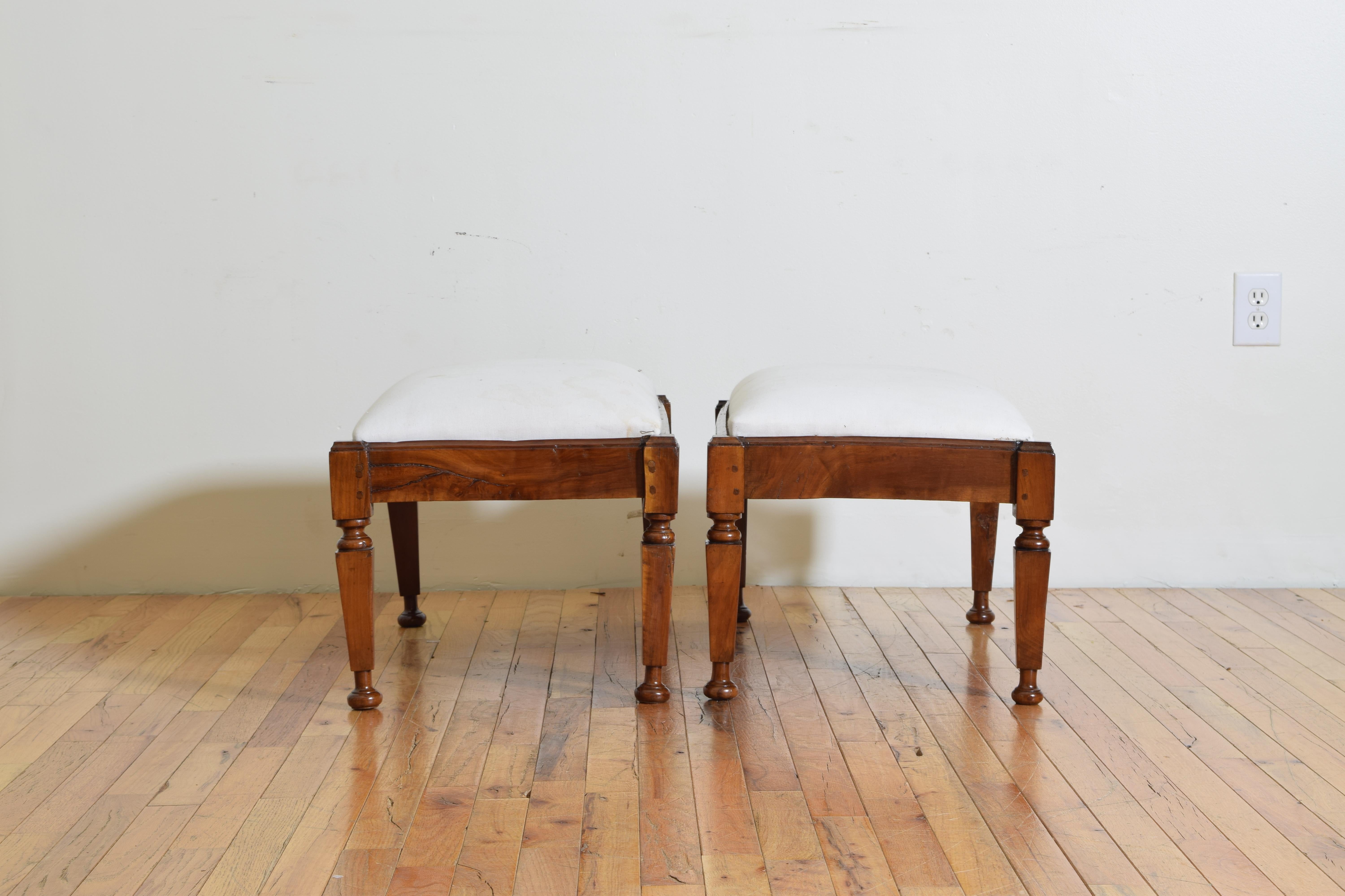 Pair of Italian Neoclassical Cherrywood Upholstered Low Benches In Good Condition In Atlanta, GA