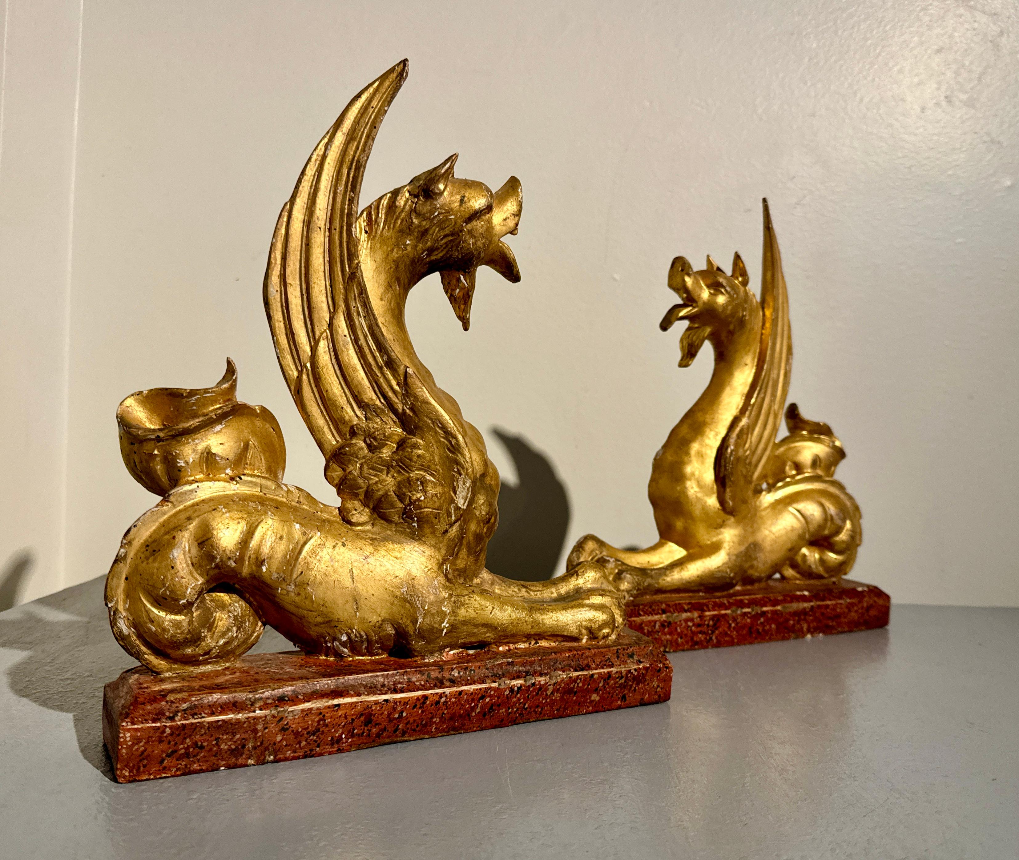 Hand-Carved Pair Italian Neoclassical Craved and Gilt Wood Mythical Beasts, mid 19th century For Sale