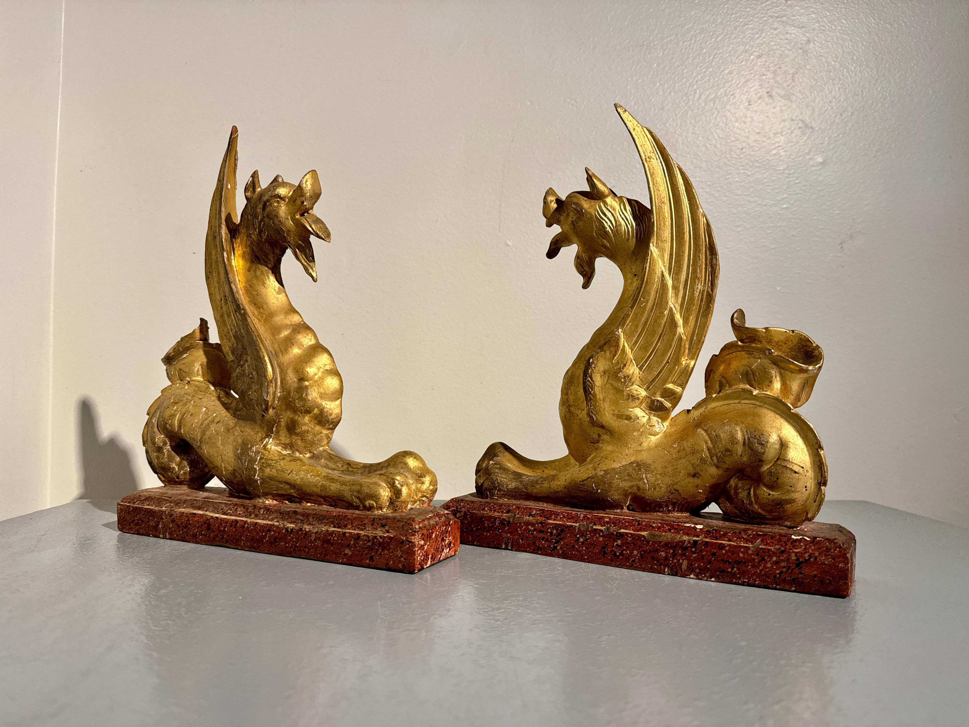 Pair Italian Neoclassical Craved and Gilt Wood Mythical Beasts, mid 19th century In Good Condition For Sale In Austin, TX