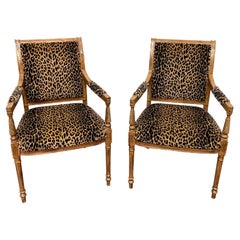 Pair Italian Neoclassical Gilt Armchairs with Scalamandre Leopard Fabric 