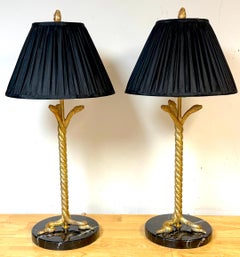 Pair Italian Neoclassical Gilt Metal Three-Serpent Table Lamps, Marble Bases