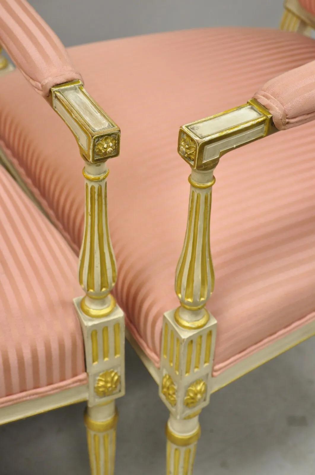 Pair Italian Neoclassical Parcel Gilt Cream Louis XVI Directoire Arm Chairs (A) For Sale 6