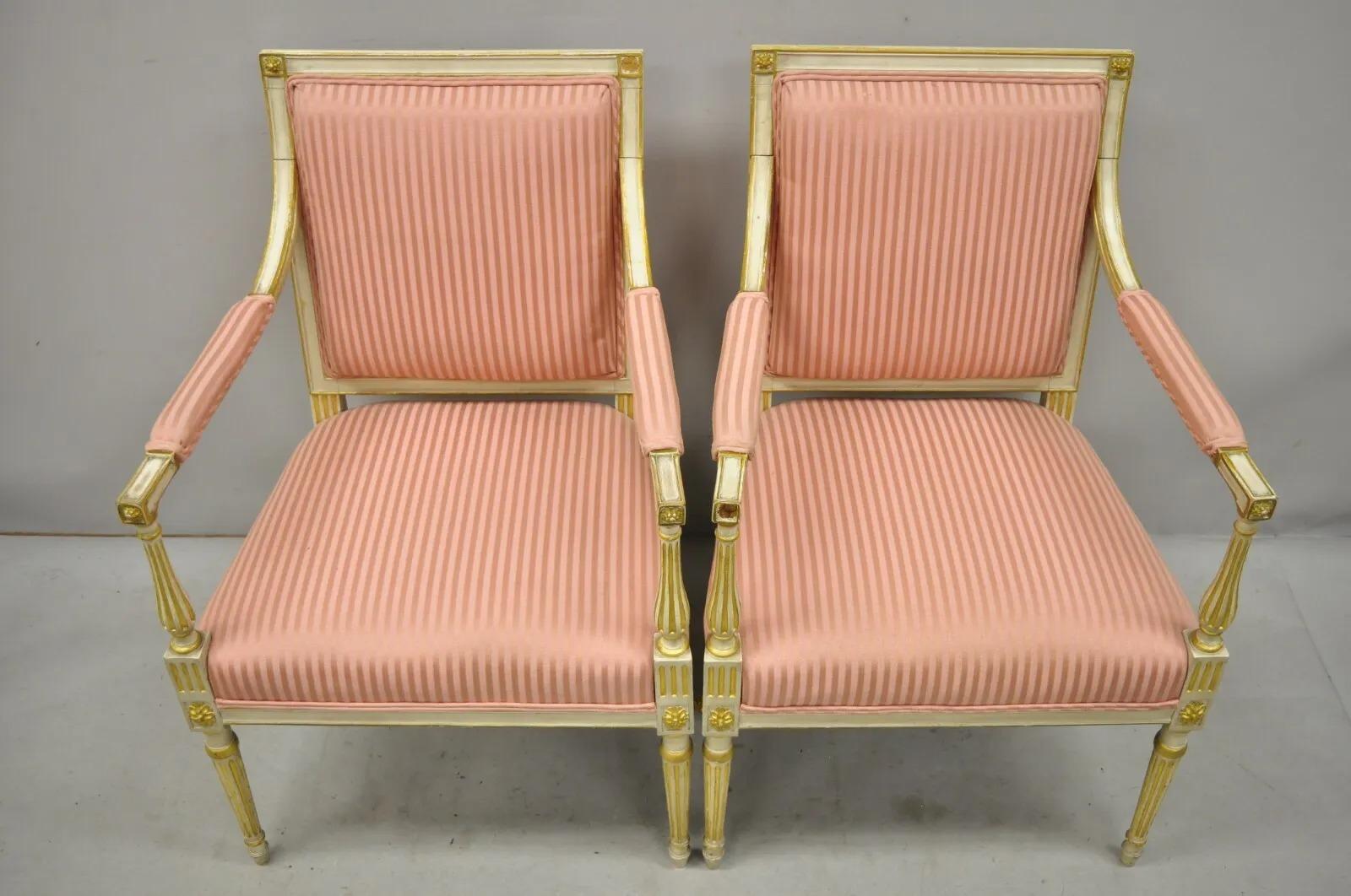 Pair Italian Neoclassical Parcel Gilt Cream Louis XVI Directoire Arm Chairs (A) For Sale 7