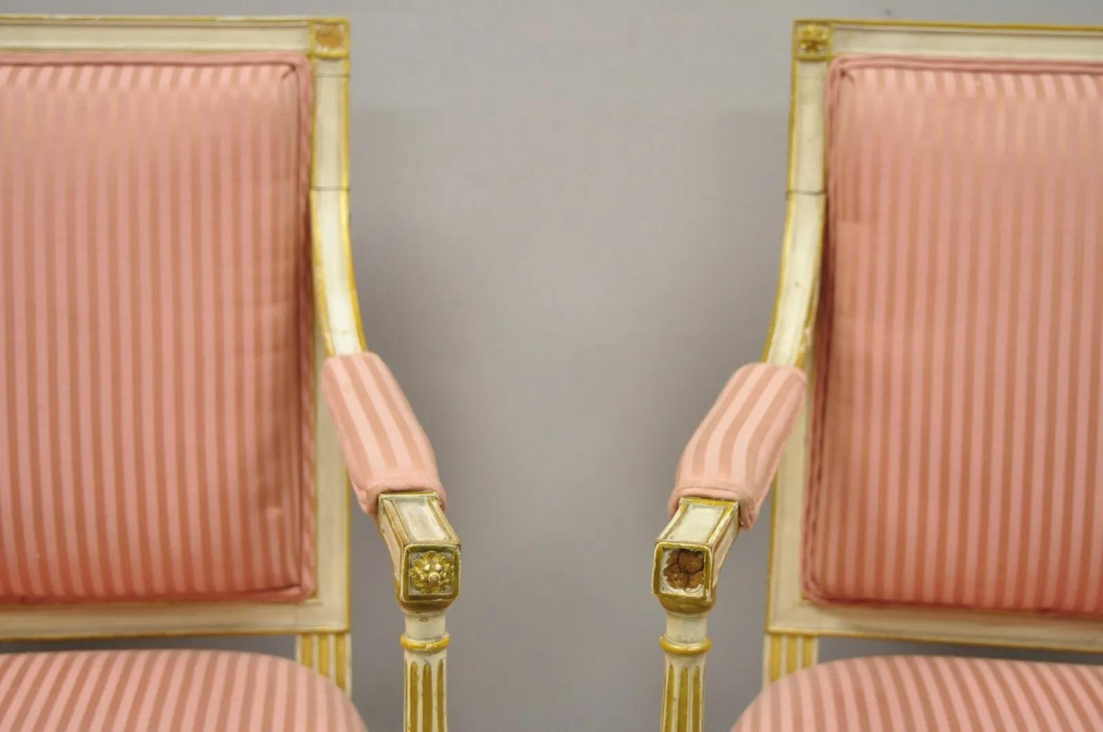 Pair Italian Neoclassical Parcel Gilt Cream Louis XVI Directoire Arm Chairs (A) In Fair Condition For Sale In Philadelphia, PA