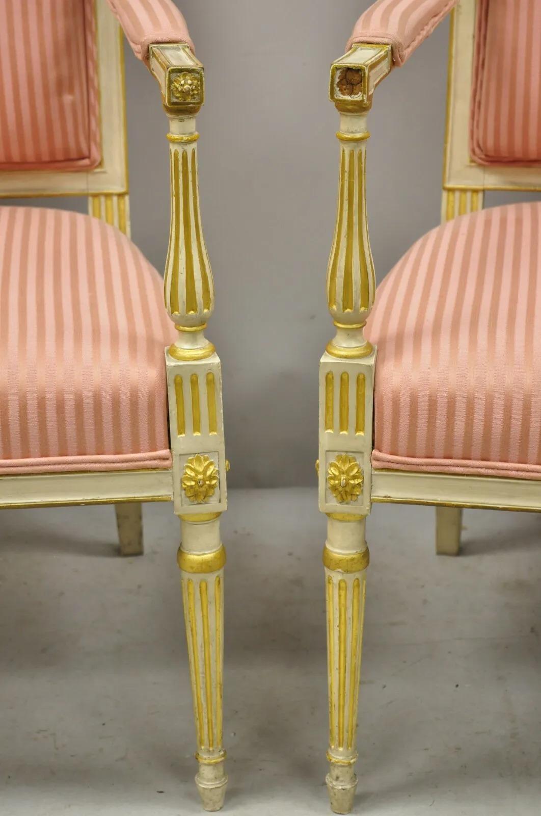 Early 20th Century Pair Italian Neoclassical Parcel Gilt Cream Louis XVI Directoire Arm Chairs (A) For Sale