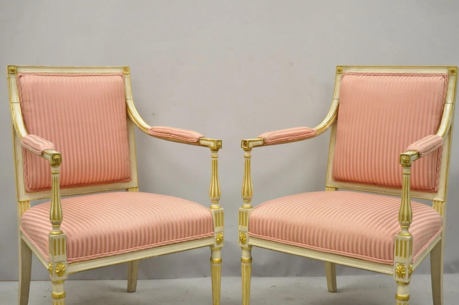 Fabric Pair Italian Neoclassical Parcel Gilt Cream Louis XVI Directoire Arm Chairs (A) For Sale