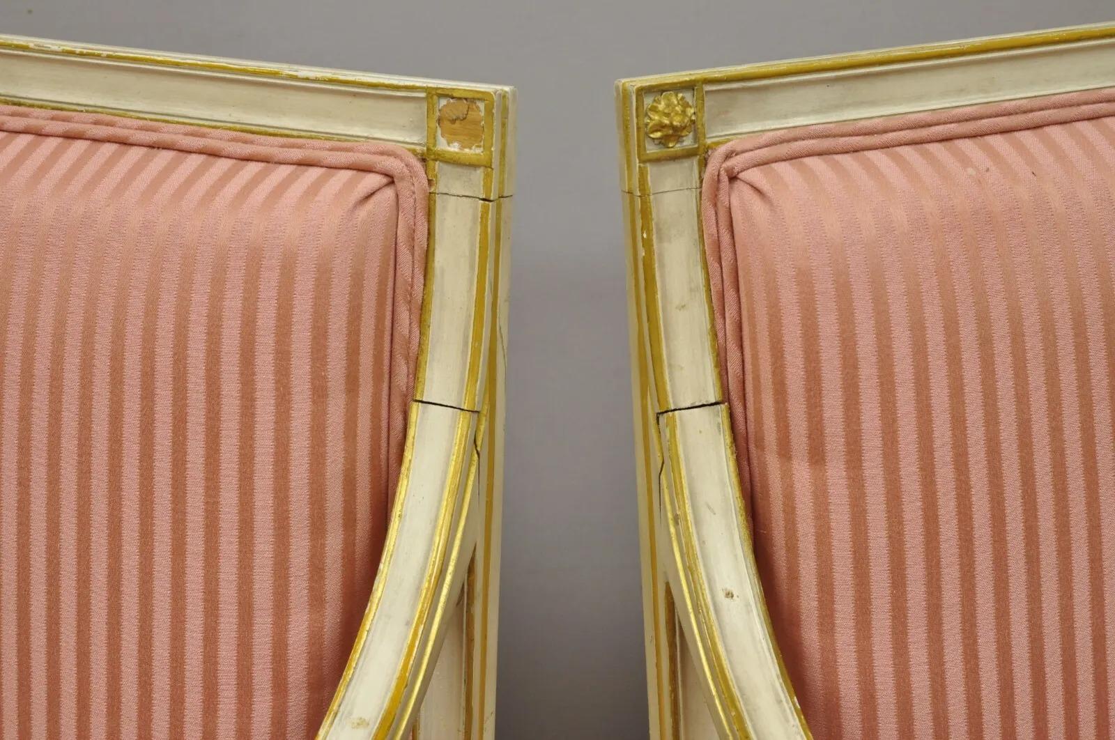Pair Italian Neoclassical Parcel Gilt Cream Louis XVI Directoire Arm Chairs (A) For Sale 1