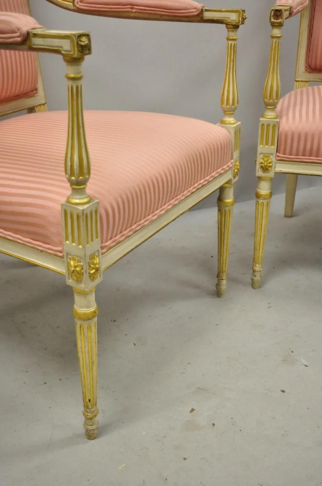 Pair Italian Neoclassical Parcel Gilt Cream Louis XVI Directoire Arm Chairs (A) For Sale 2