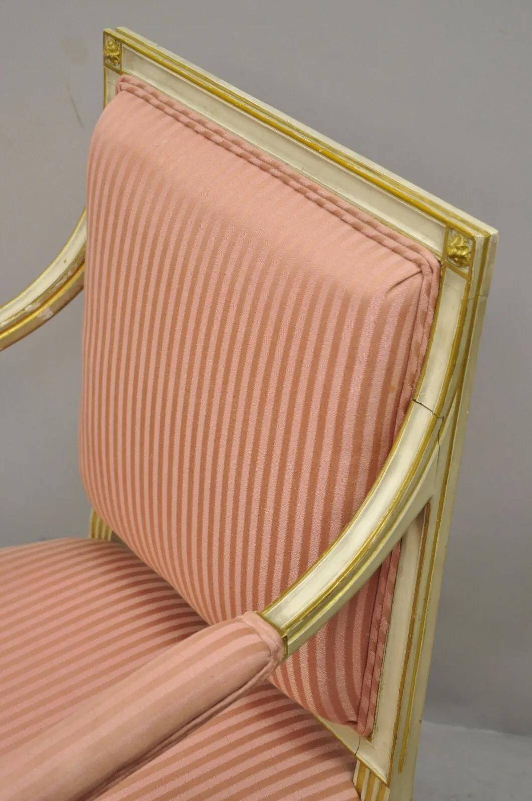 Pair Italian Neoclassical Parcel Gilt Cream Louis XVI Directoire Arm Chairs (A) For Sale 3