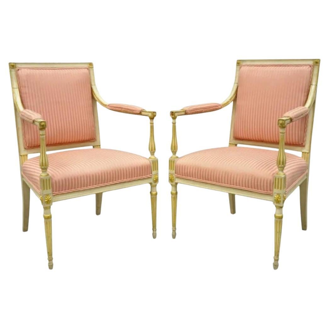 Pair Italian Neoclassical Parcel Gilt Cream Louis XVI Directoire Arm Chairs (A) For Sale