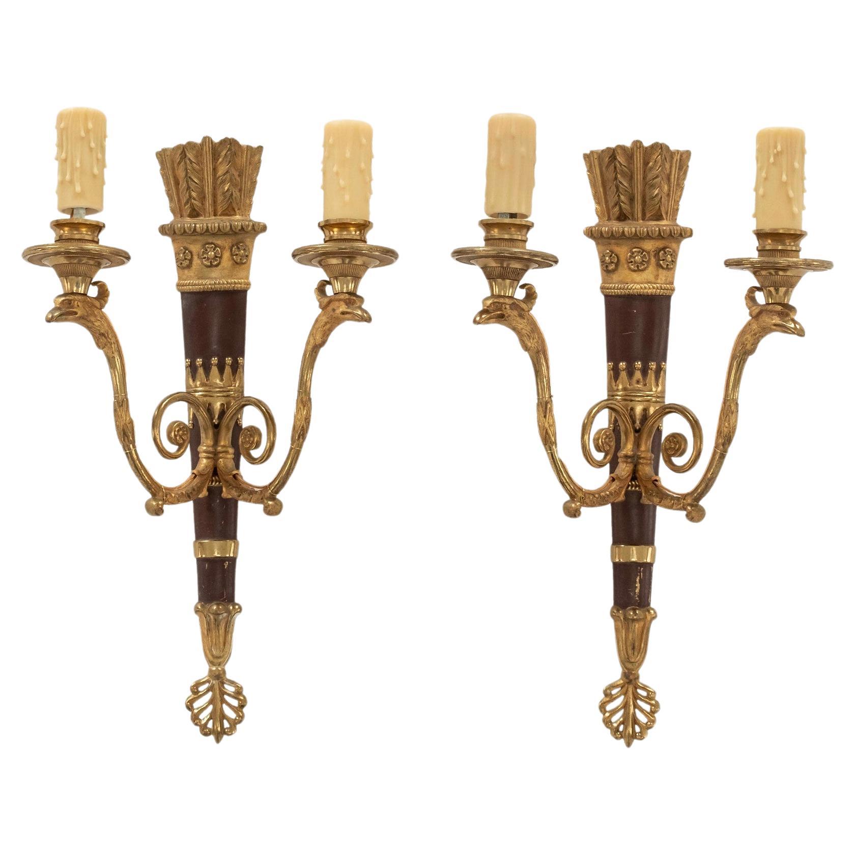 Pair Italian Neoclassical Style Black Gold Bronze Arrow Sconces
