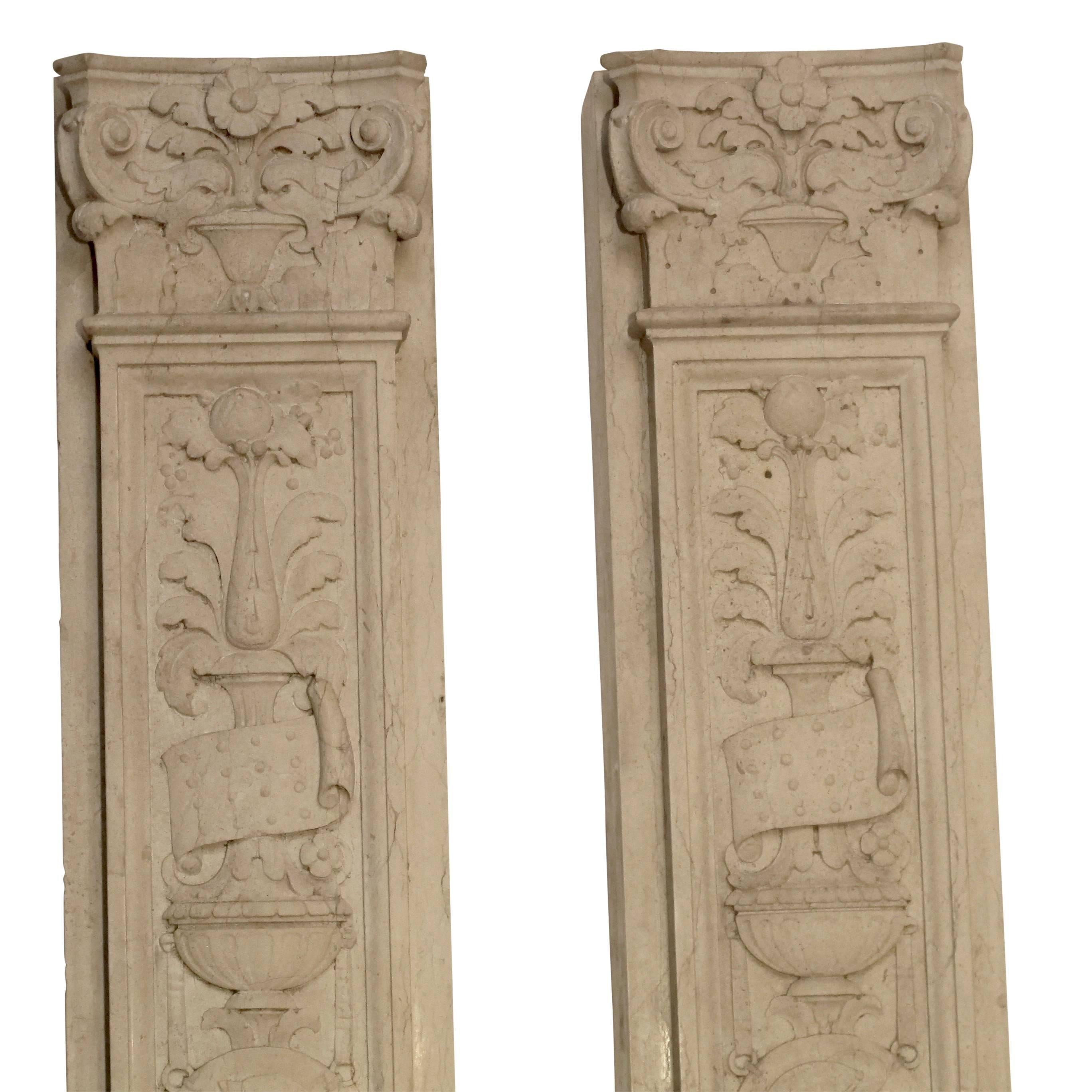 Italian Neoclassical Style Carved Marble Pilasters Architectural Elements, Pair 12