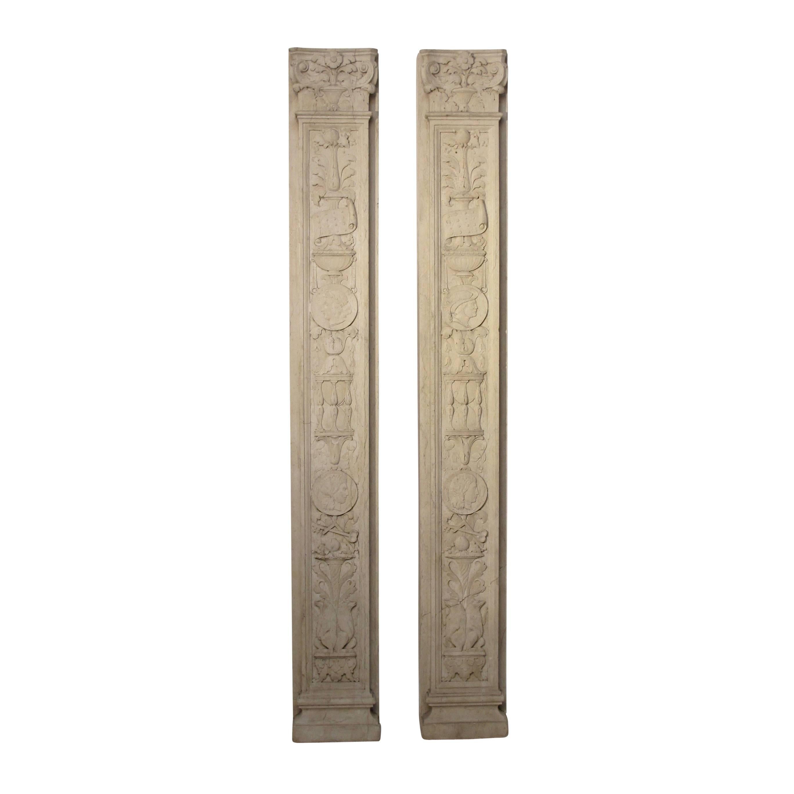A pair of finely carved solid marble pilasters or architectural elements in the neoclassical manner, Italy, circa 1920.