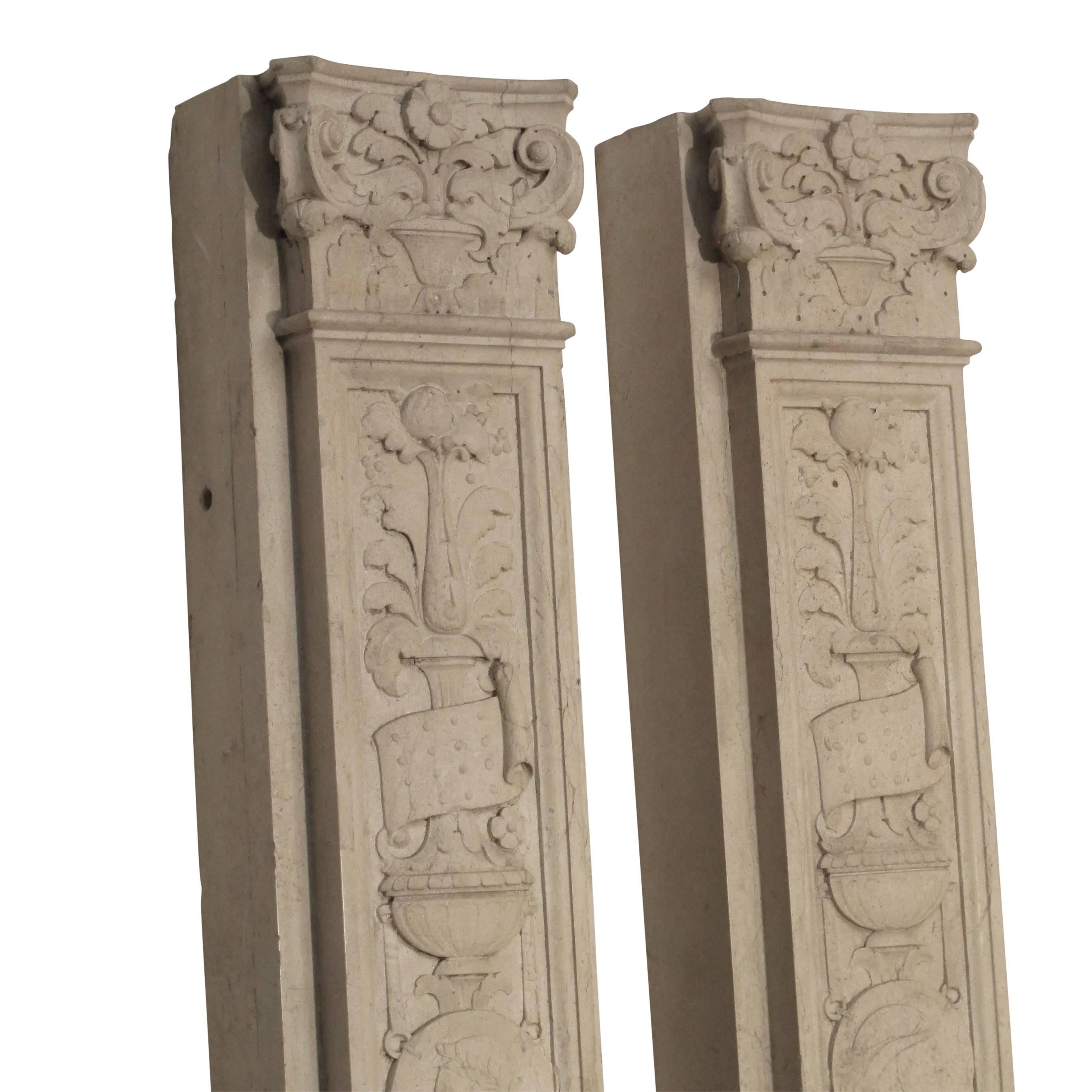 Italian Neoclassical Style Carved Marble Pilasters Architectural Elements, Pair In Good Condition In San Francisco, CA