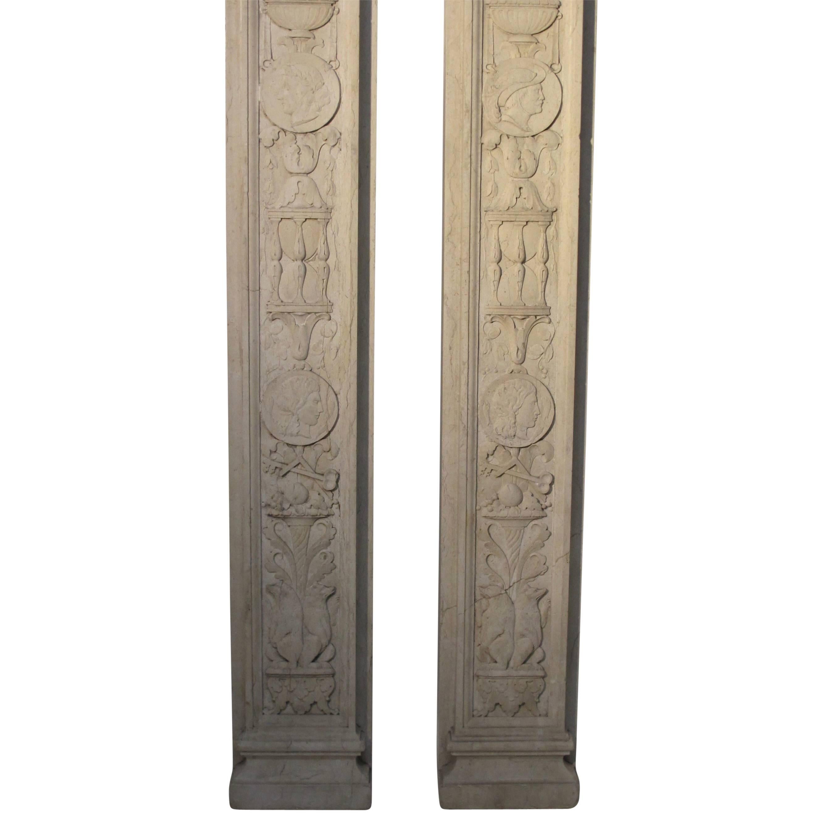 Italian Neoclassical Style Carved Marble Pilasters Architectural Elements, Pair 1
