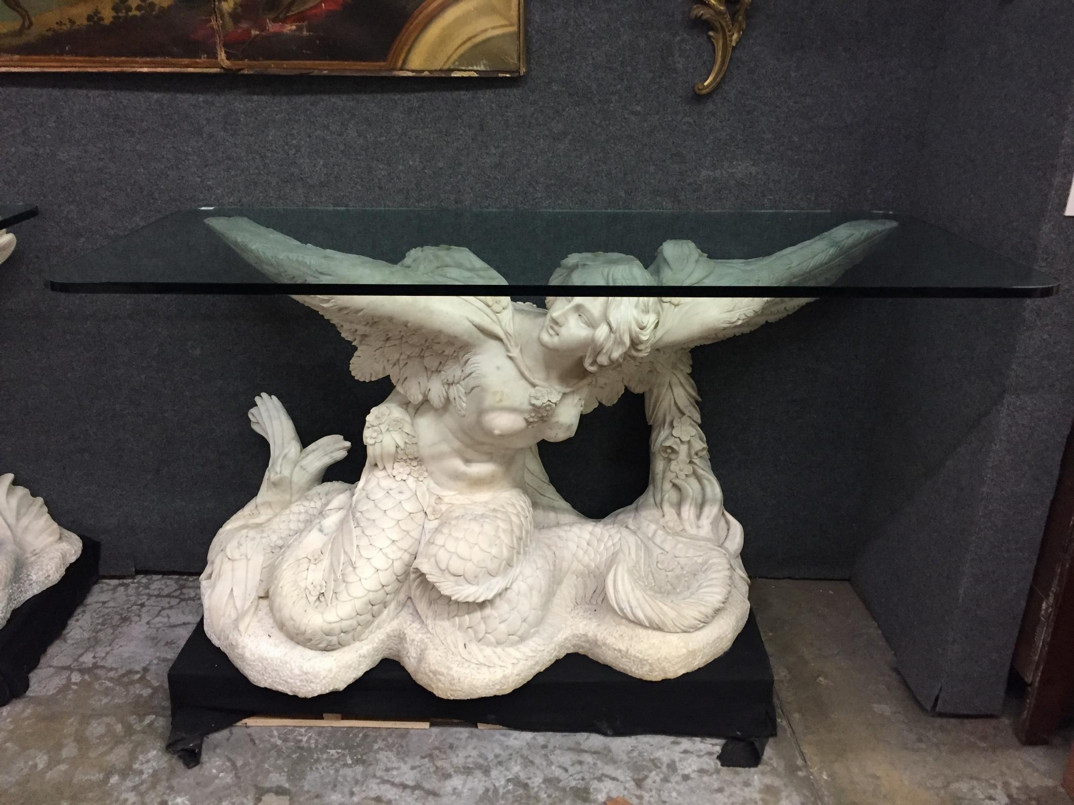 Pair of Italian Neoclassical Style Figural Marble Consoles For Sale 9