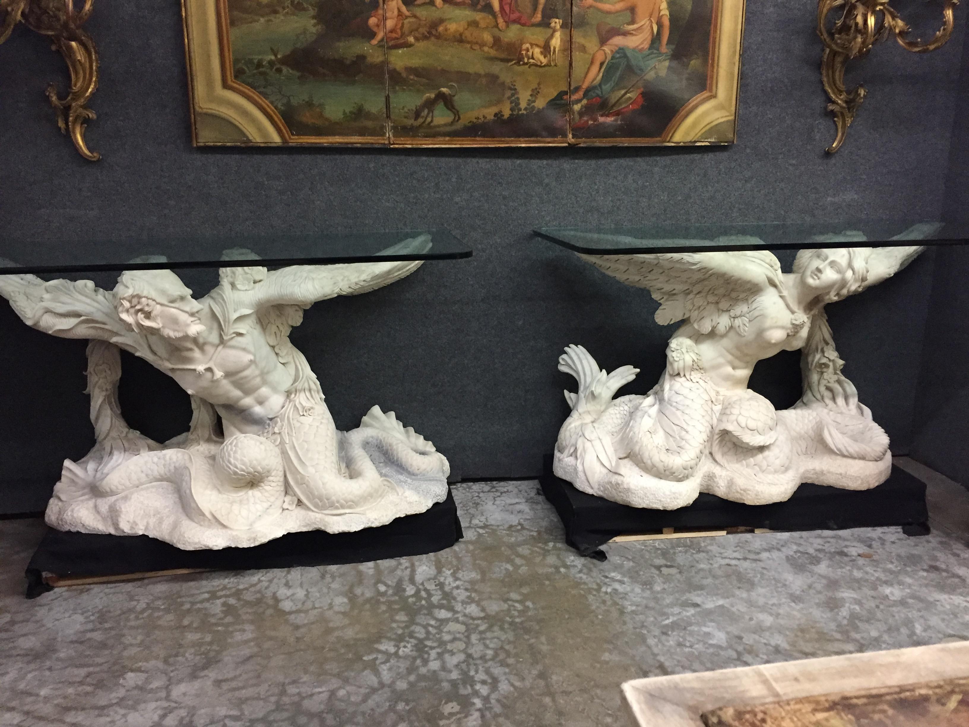 Hand-Carved Pair of Italian Neoclassical Style Figural Marble Consoles For Sale